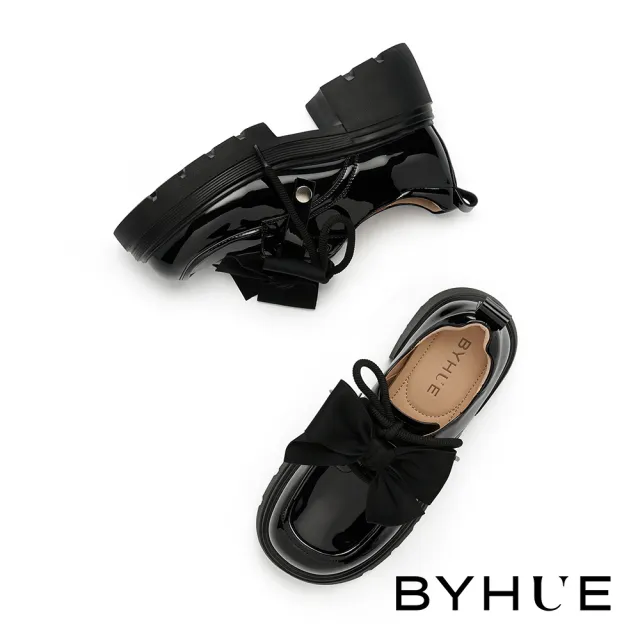 【BYHUE】奶油純欲風多穿活動條帶牛漆皮綁帶軟芯厚底鞋(黑)