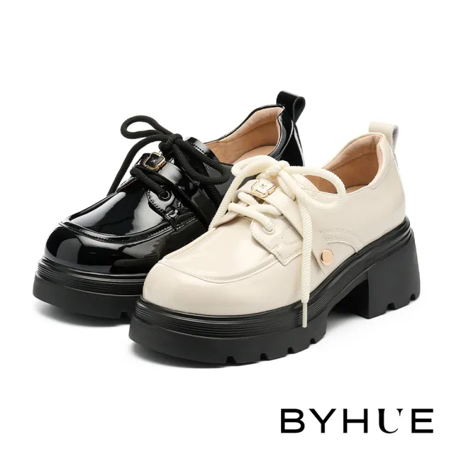 【BYHUE】奶油純欲風多穿活動條帶牛漆皮綁帶軟芯厚底鞋(黑)