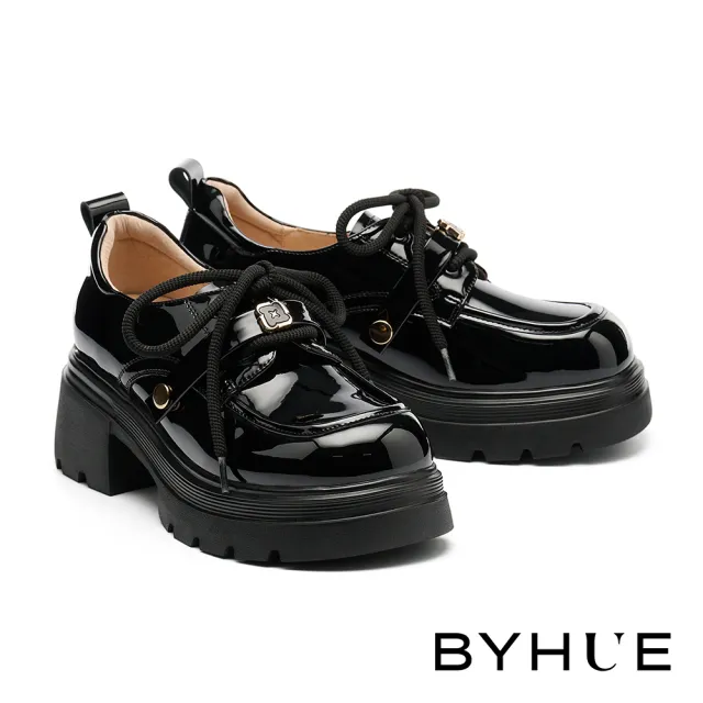 【BYHUE】奶油純欲風多穿活動條帶牛漆皮綁帶軟芯厚底鞋(黑)