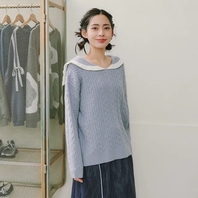 【Dailo】親膚麻花休閒水手領針織上衣 杏 駝 灰