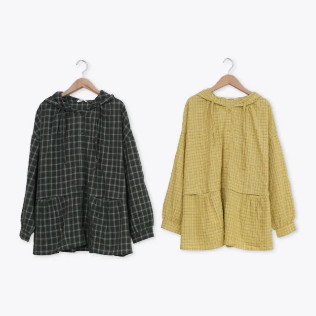 【MOSS CLUB】格子連帽開襟長袖襯衫 綠 黃