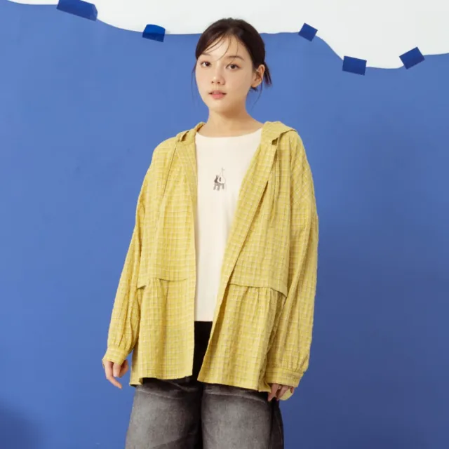 【MOSS CLUB】格子連帽開襟長袖襯衫 綠 黃