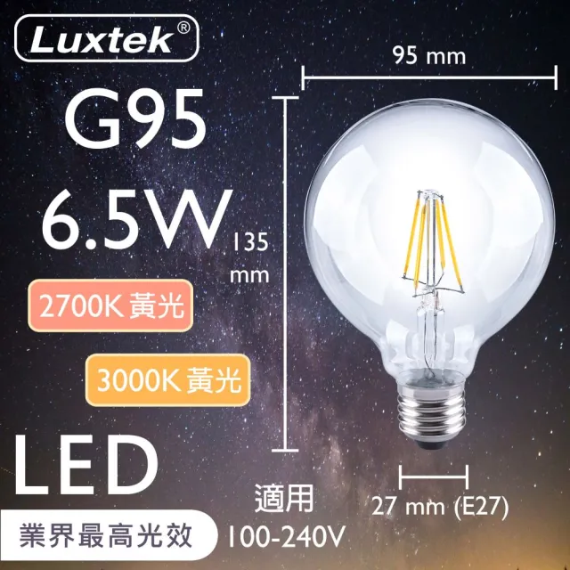 買四送一 高效能 LED圓球型燈泡G95 6.5W E27 黃光 10入(G95C_WW6.5W E27 F30)