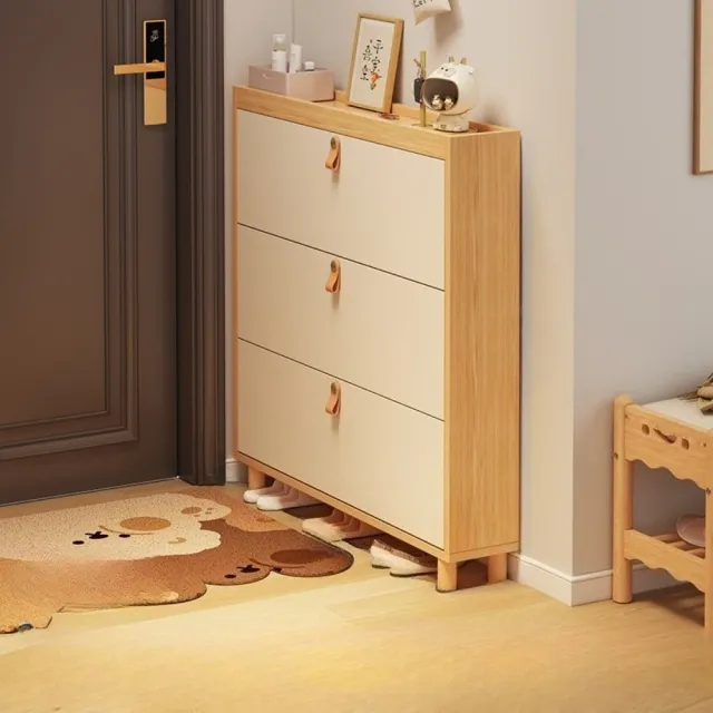 簡約翻鬥鞋櫃 原木色80×17×120cm(超薄省空間/透氣防潮/加高實木腿)