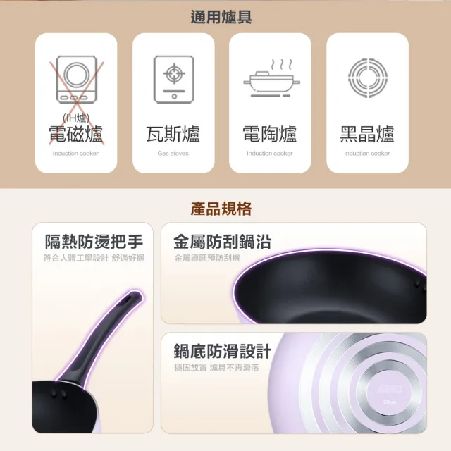 【ASD 愛仕達】香芋紫雙鍋組28cm(深炒鍋28cm+平底鍋28cm 通過SGS檢驗 不含PFOA)
