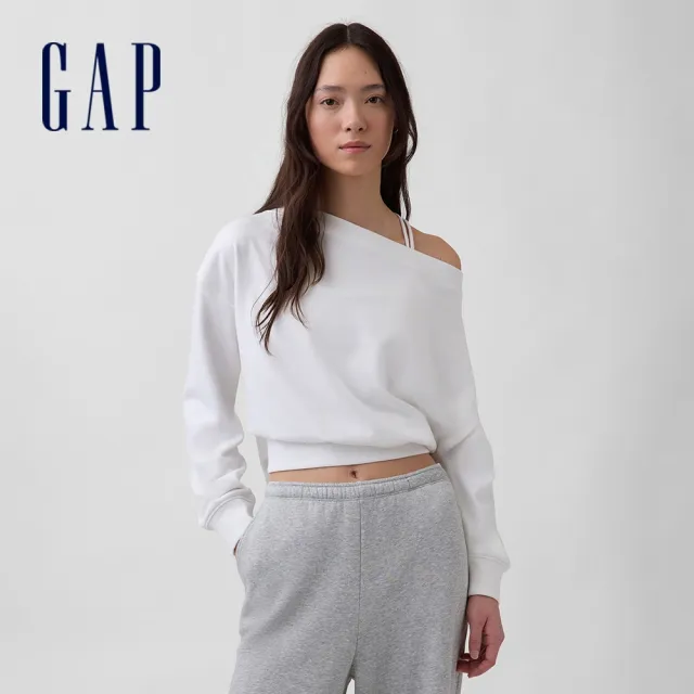 【GAP】VintageSoft毛圈布寬版開領短版運動衫-清新白(887619)
