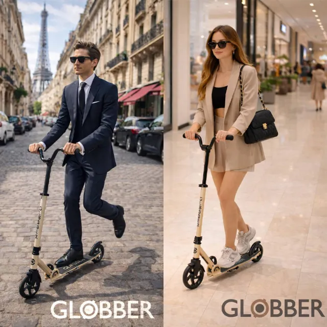 【GLOBBER 哥輪步】官方直營 法國 FLOW RIDER 青少年兩輪折疊滑板車-沙漠色(2輪摺疊滑板車、直立站立)