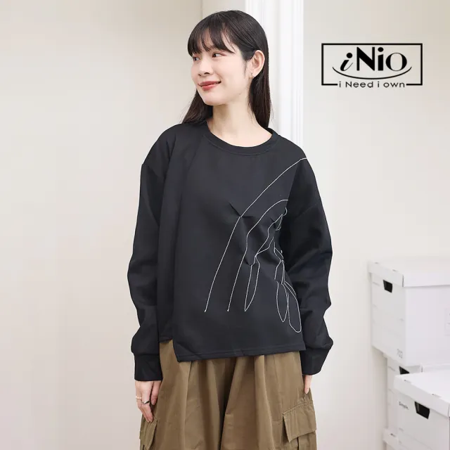 【iNio 衣著美學】不規則線條刺繡 落肩長袖上衣 側開衩設計 寬鬆修飾 棉質上衣 CEW1857