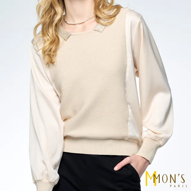 【MON’S】水鑽領拼接針織上衣(直)