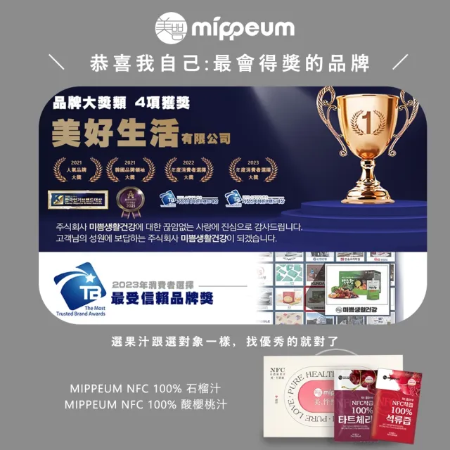 【MIPPEUM 美好生活】非濃縮100%果汁禮盒 70mlx2盒(共60入-酸櫻桃汁/紅石榴汁任選)(中秋禮盒)