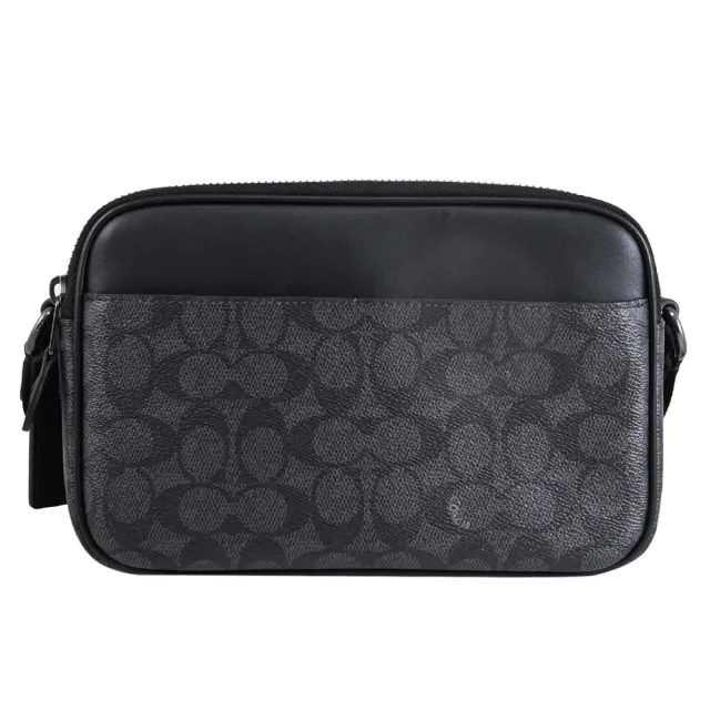 【COACH】經典C字LOGO印花拼接皮革雙層拉鍊斜背包(黑灰)