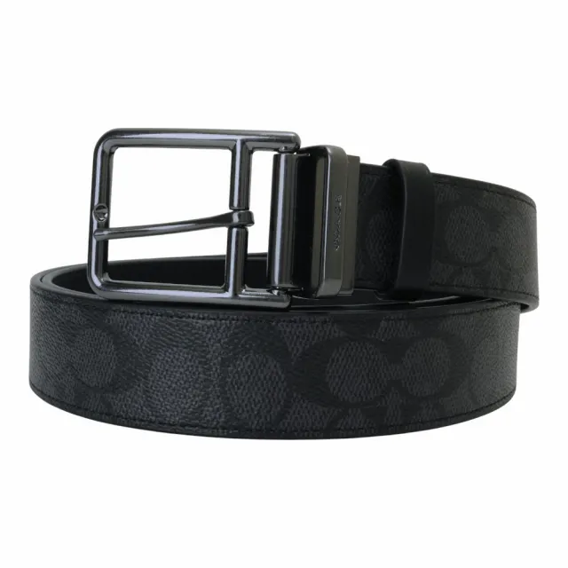 【COACH】滿版防刮LOGO PVC 皮革寬版皮帶(黑灰)