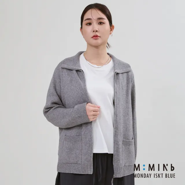 【M:MINb】造型翻領雙頭拉鍊針織外套(灰色/中大尺碼女裝/XL女裝/女裝/梨形穿搭/梨形友好/顯瘦外套)