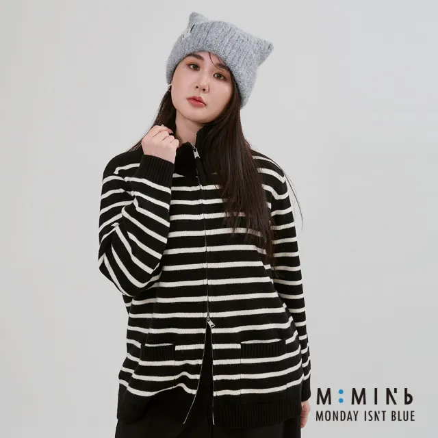 【M:MINb】造型翻領雙頭拉鍊針織外套(黑白條紋/中大尺碼女裝/XL女裝/女裝/梨形穿搭/梨形友好/顯瘦外套)