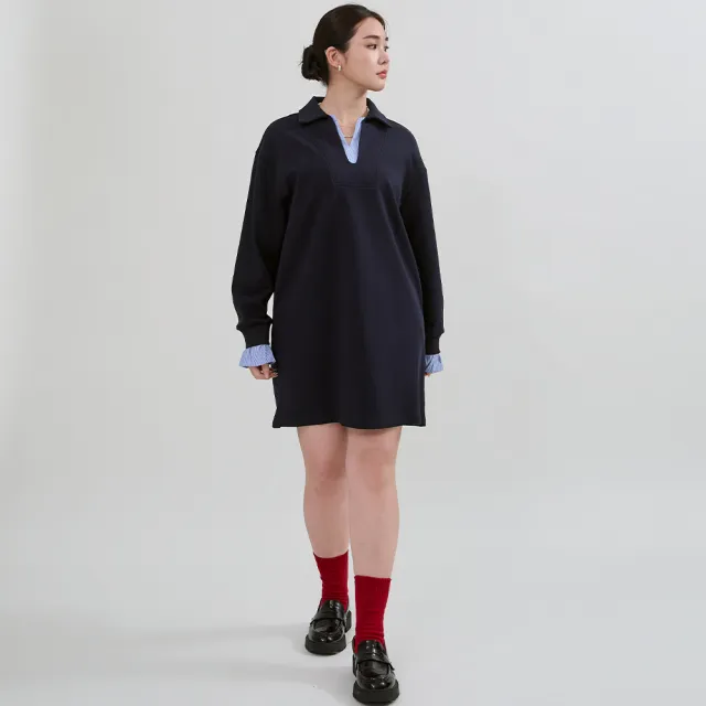 【M：MINb】一件出門假兩件翻領洋裝(深藍/中大尺碼女裝/XL女裝/女裝/梨形穿搭/梨形友好/大尺碼洋裝)