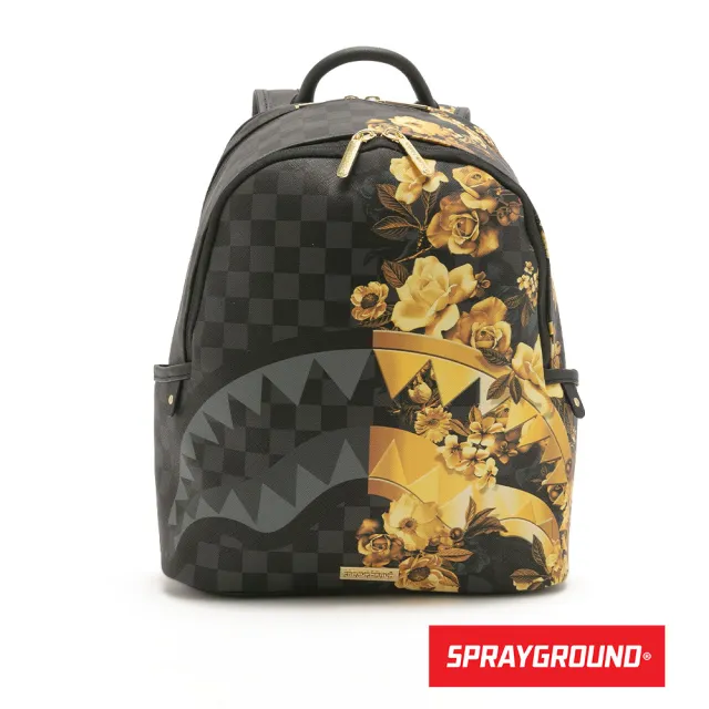 【SPRAYGROUND】雙拼花卉棋盤格鋸齒鯊後背包(黑色)
