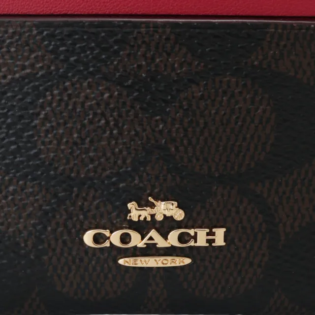 【COACH】金馬車撞色皮革方型附鎖圈卡夾零錢包深咖x紅