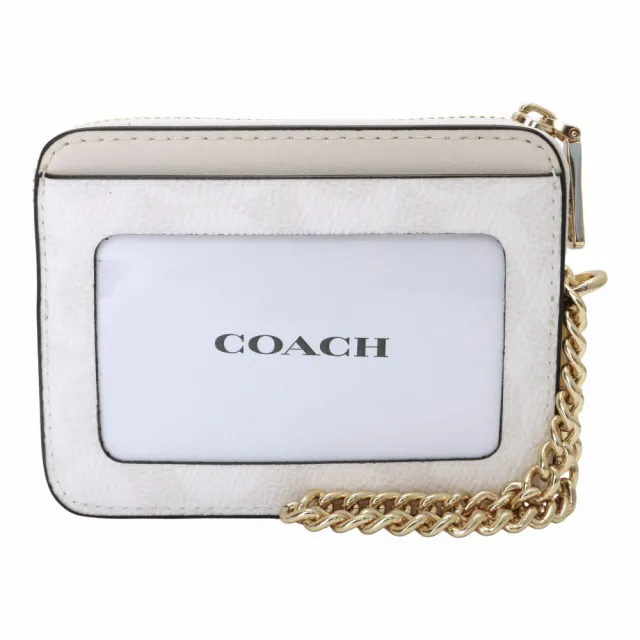 【COACH】拚色皮革直式方盒鍊帶卡夾零錢包(米白x米)