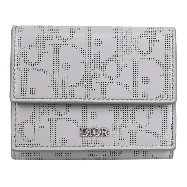 【Dior 迪奧】TRIFOLD 經典滿版雷射LOGO小牛皮三折零錢短夾(灰)