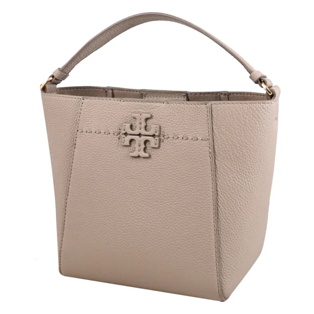 【TORY BURCH】經典雙T LOGO荔枝皮造型包水桶包兩用包(淺灰)