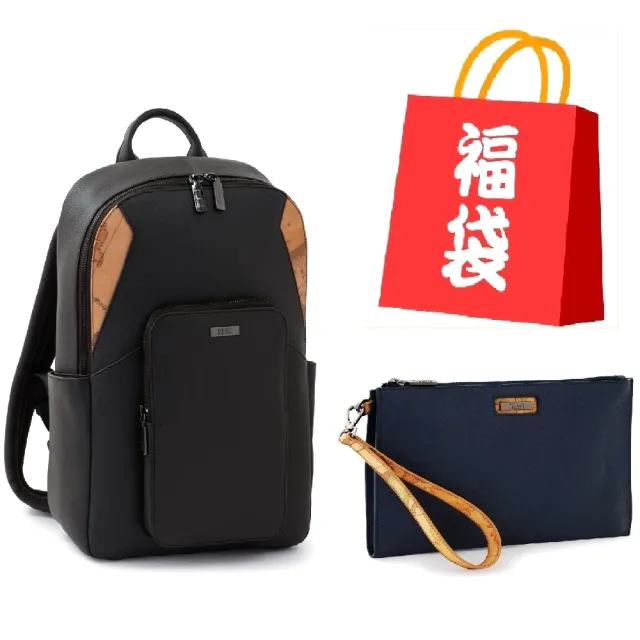 【Alviero Martini】義大利地圖包 小牛皮1+1組 14吋筆電後背包+隨身萬用包-黑色(電腦包 筆電包)