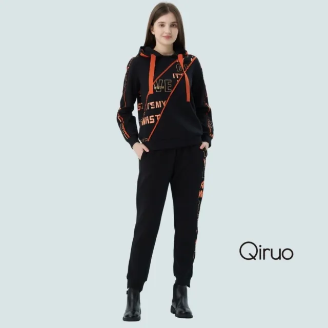 【Qiruo 奇若名品】厚磅棉質 字母設計黑色連帽上衣7229A