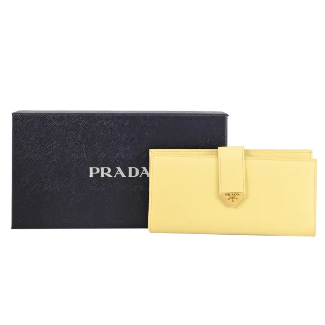 【PRADA 普拉達】經典浮雕LOGO多夾層扣式零錢長夾(淺黃)