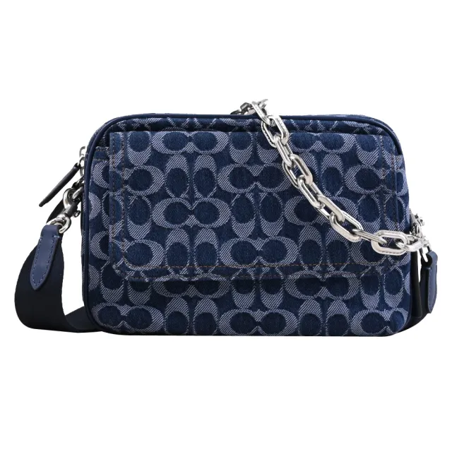 【COACH】CHARTER 24 經典C字丹寧緹花前翻蓋粗鏈斜背包(深藍)