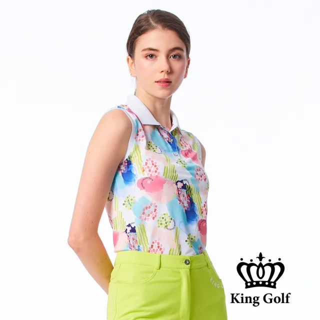 【KING GOLF】速達-網路限定款-女款滿版夏季煙花暈染插畫涼感無袖背心POLO衫/高爾夫球衫-白色