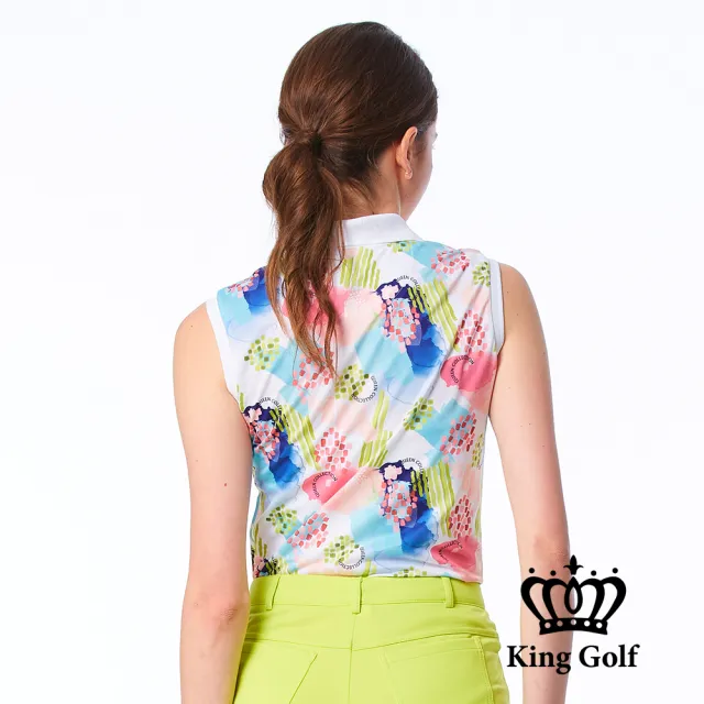 【KING GOLF】速達-網路限定款-女款滿版夏季煙花暈染插畫涼感無袖背心POLO衫/高爾夫球衫-白色