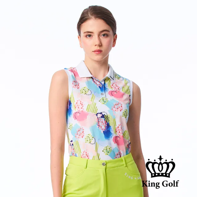 【KING GOLF】速達-網路限定款-女款滿版夏季煙花暈染插畫涼感無袖背心POLO衫/高爾夫球衫-白色