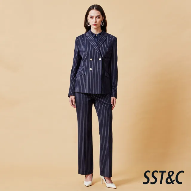 【SST&C】女裝 可機洗_針織藏青條紋寬鬆版西裝外套-825212014311(換季65折)