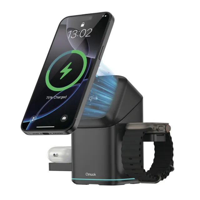 【amuok】AK-WI01 Qi2認證 萬能三合一磁吸無線充電站(無線充電座 充電器 AppleWatch充電)