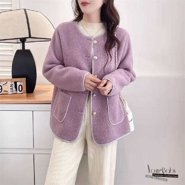 【YOUNGBABY】復古氣質款圓領金釦口袋顆粒絨外套 中大尺碼女裝