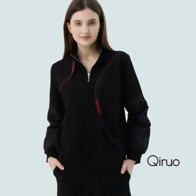 【Qiruo 奇若名品】特殊棉質 小拉鍊立領黑色長袖上衣7234A-02 
