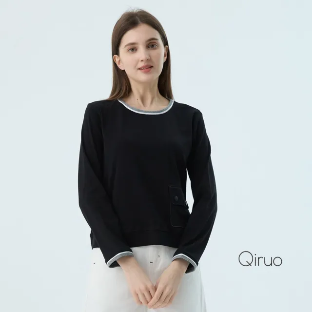 【Qiruo 奇若名品】純棉質圓領 滾白線條 長袖黑色上衣 4030A 