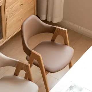 【hoi! 好好生活】YW富士山橡木實木仿皮扶手椅2入組 原木色+奶茶棕