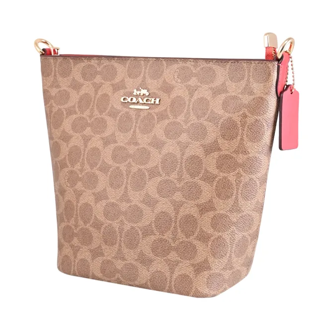 【COACH】經典LOGO滿版C字印花拼接水桶包斜背包(駝/紅)