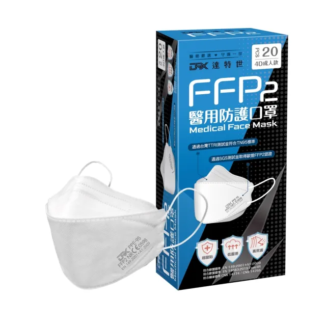 【DRX 達特世】FFP2醫用4D口罩-冰晶白-20入_3盒組(尺寸任選)