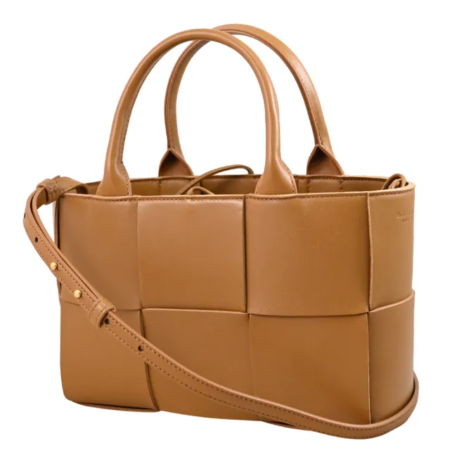 【BOTTEGA VENETA 寶緹嘉】Candy Arco 簡約手工大格編織手提包托特包兩用包(淺咖 大)