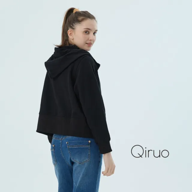 【Qiruo 奇若名品】防風布料 連帽短版夾克式拉鍊黑色連帽外套7155E 