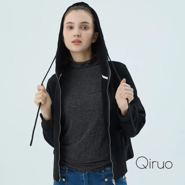 【Qiruo 奇若名品】防風布料 連帽短版夾克式拉鍊黑色連帽外套7155E 