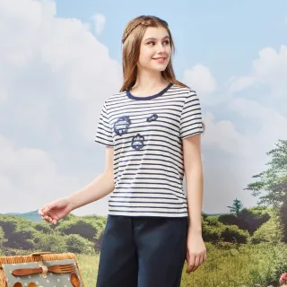 【MYVEGA 麥雪爾】高含棉流蘇花卉刺繡橫條紋上衣-藍