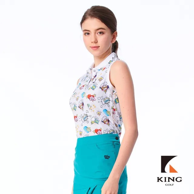 【KING GOLF】速達-網路限定款-女款美式漫畫印花涼感無袖背心POLO衫/高爾夫球衫-白色