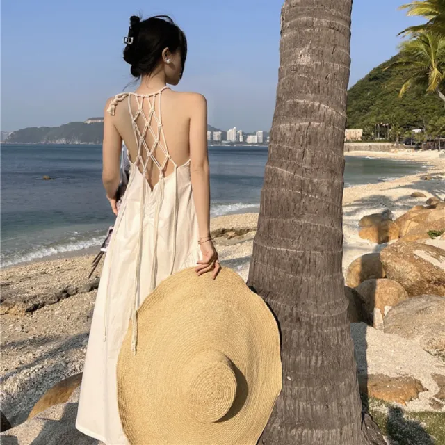 【AS 梨卡】削肩美背洋裝  海邊綁帶長裙 長裙洋裝 夏天掛脖連身裙  C6510