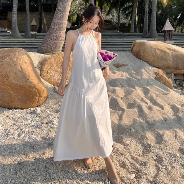 【AS 梨卡】削肩美背洋裝  海邊綁帶長裙 長裙洋裝 夏天掛脖連身裙  C6510