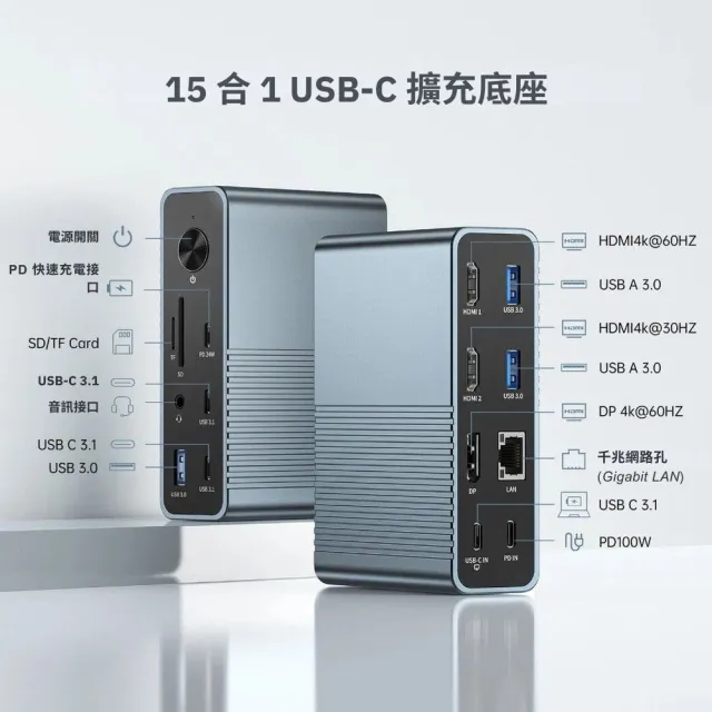 ACASIS 阿卡西斯 15合1 USB-C桌面擴充底座(筆記本電腦 4K60hz擴展HDMI/DP顯示 DS-7A15)
