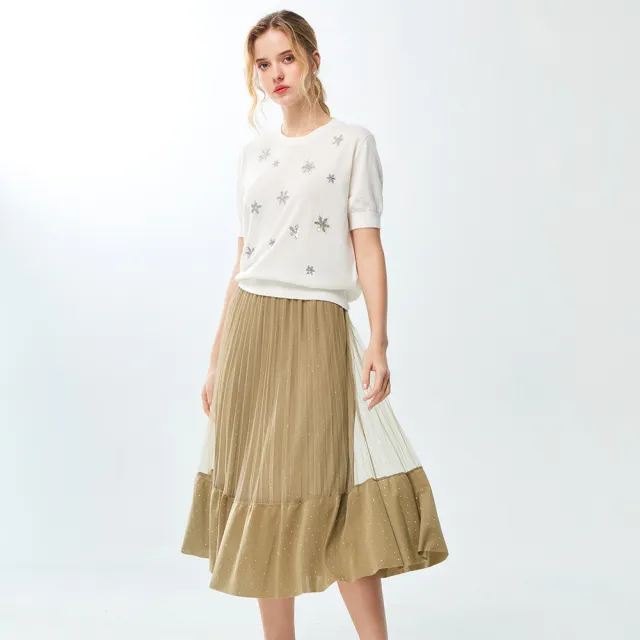 【MON’S】繁星燙鑽拼接網紗百摺裙(直)