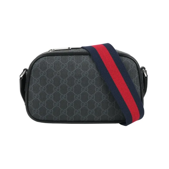 【GUCCI 古馳】GG Supreme 藍紅背帶拉鍊斜背包(黑灰色)