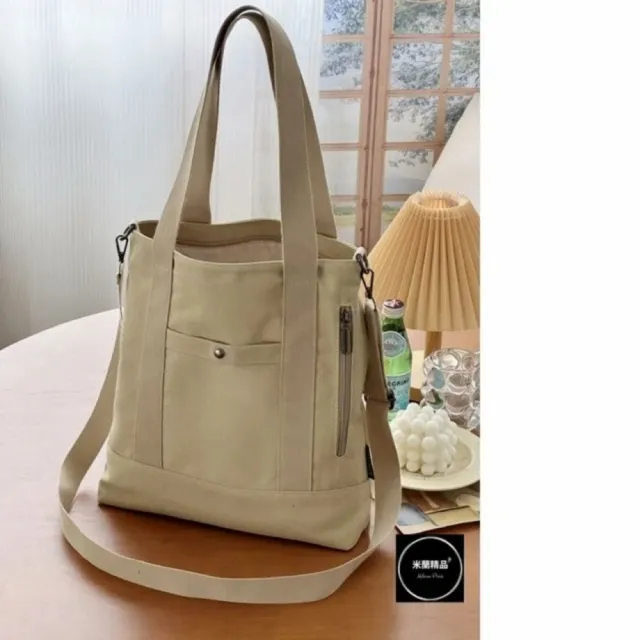 【米蘭精品】極速出貨 手提包帆布肩背包托特包側背包單肩背包休閒隨身女包包(多口袋拉鍊加厚3色t1jn48)